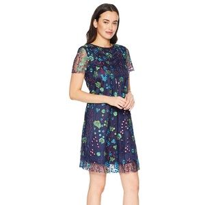 Tahari Floral Embroidered Navy Dress